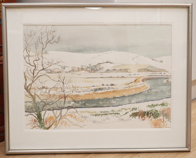 Gillian Simmonds, watercolour, ‘Snow across the river’, signed, 38 x 53cm. Condition - good